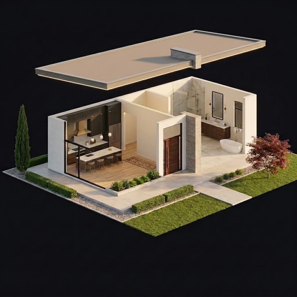 Same home, roof off, bathroom partition wall removed to fully reveal the tub, vanity, mirror, and shower