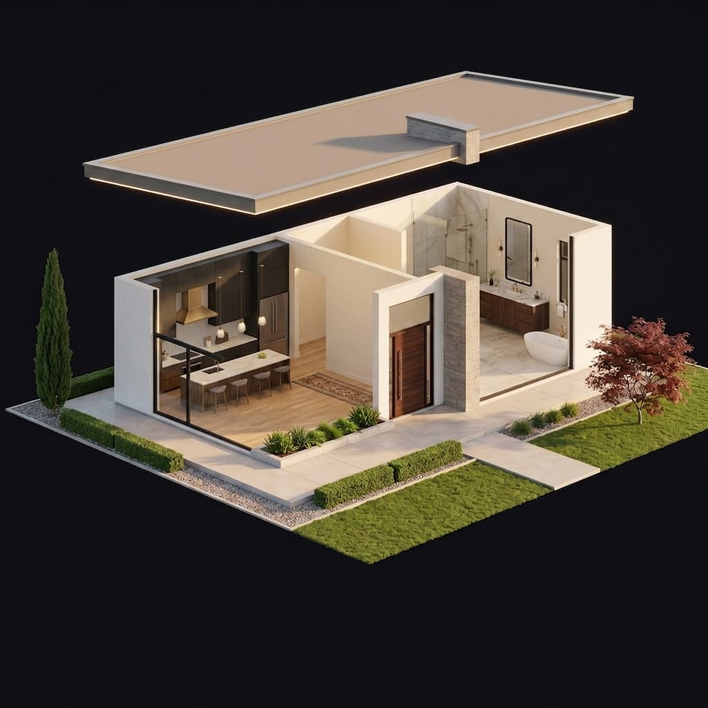 Same home with the roof lifted off, revealing a modern kitchen on the left and a bathroom on the right