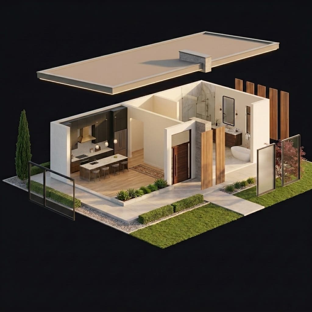 Exploded architectural view showing the roof, window panels, and siding panels separated from the house