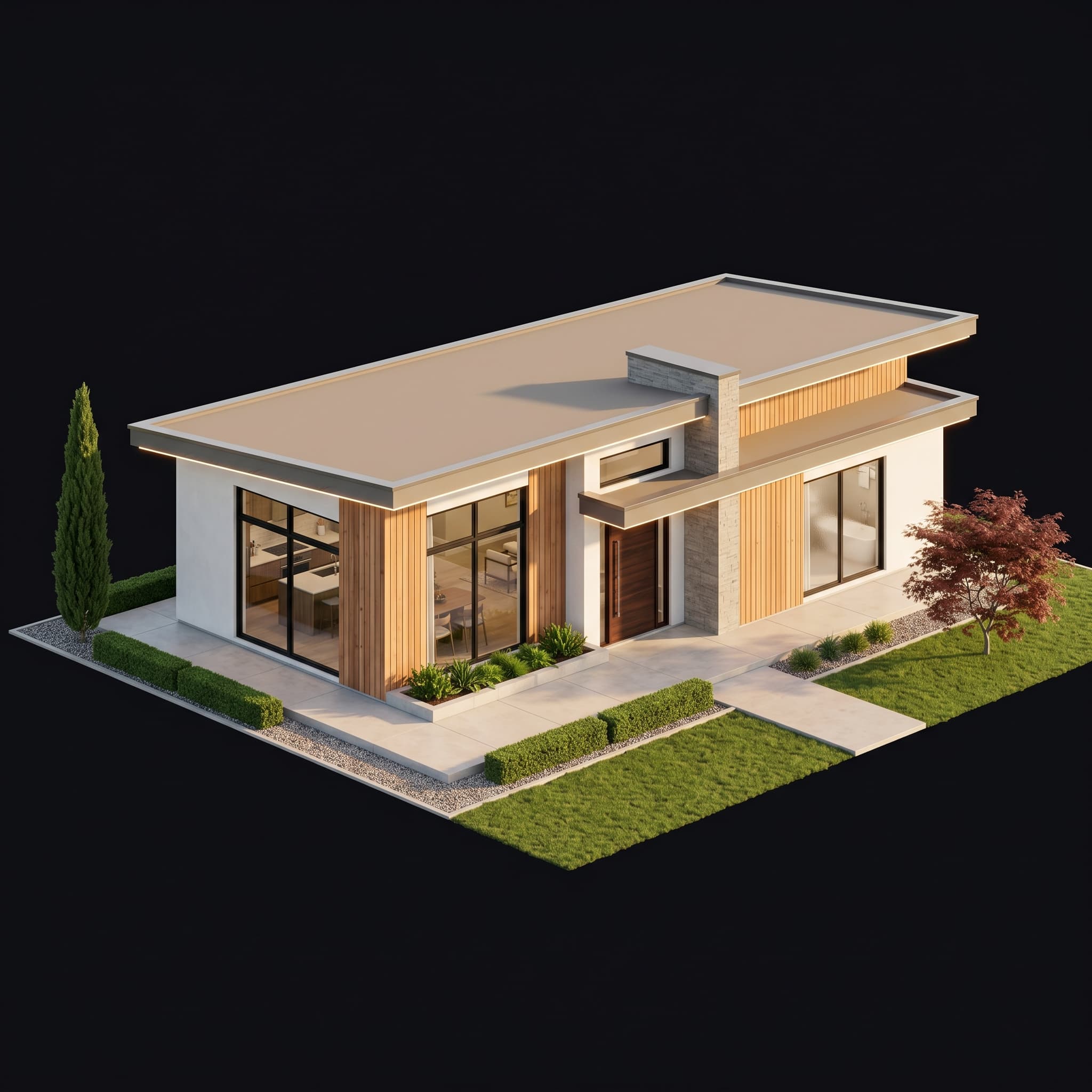 Photorealistic isometric render of a modern single-story home with flat roof, cedar cladding, and floor-to-ceiling windows