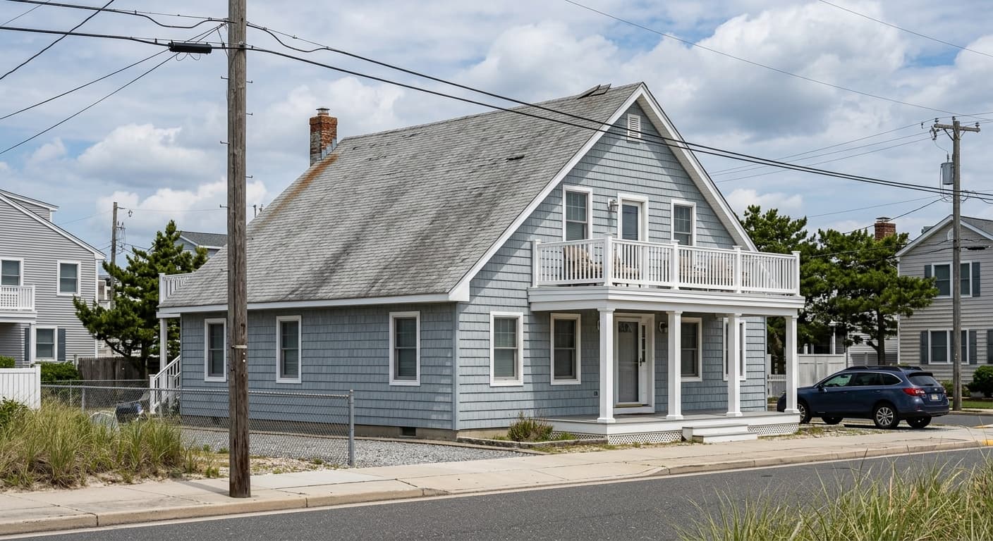 Before — Wind-Resistant Roof Replacement in Ocean City, NJ in Ocean City, Cape May County, NJ: original condition before Synergy Property Development's work